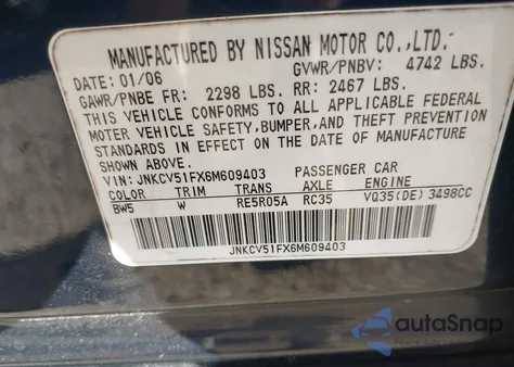 2006 Infiniti G35X z USA, uszkodzony, nr VIN JNKCV51FX6M609403